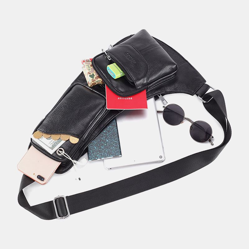 Mænd Massivt Ægte Læder Hovedtelefonstik Crossbody Taske Brysttaske Sling Bag