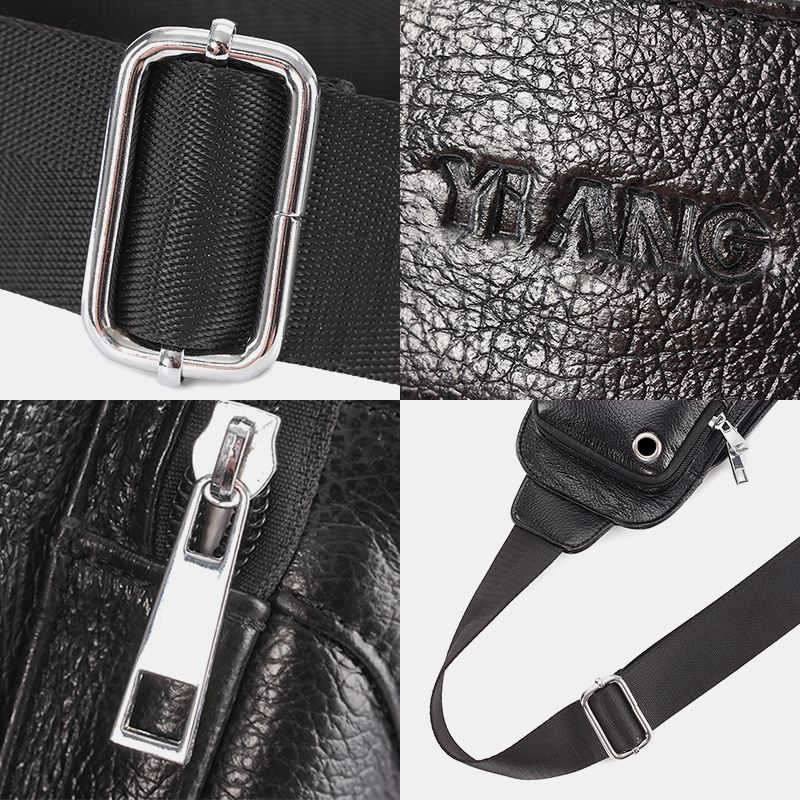 Mænd Massivt Ægte Læder Hovedtelefonstik Crossbody Taske Brysttaske Sling Bag