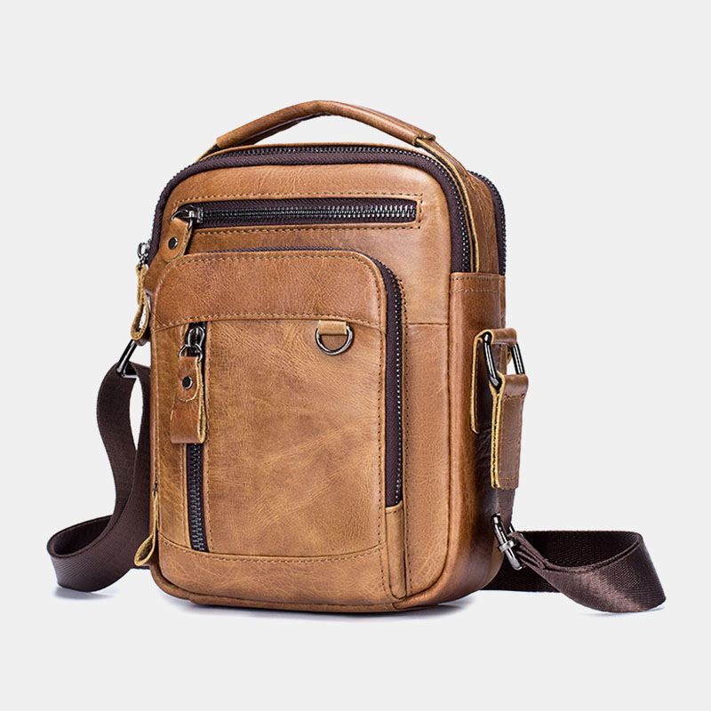 Mænd Multi-pocket Ægte Læder Crossbody Tasker Ryg Anti-tyveri Lomme Design Slidfast Messenger Bag Håndtaske Med Stor Kapacitet