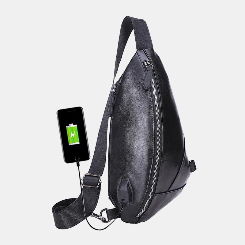 Mænd Pu-læder Usb-opladning Vandtæt Casual Crossbody-taske Brysttaske Sling Bag