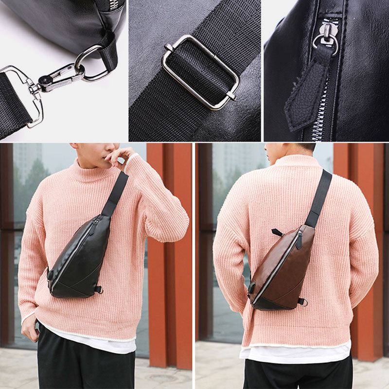 Mænd Pu-læder Usb-opladning Vandtæt Casual Crossbody-taske Brysttaske Sling Bag