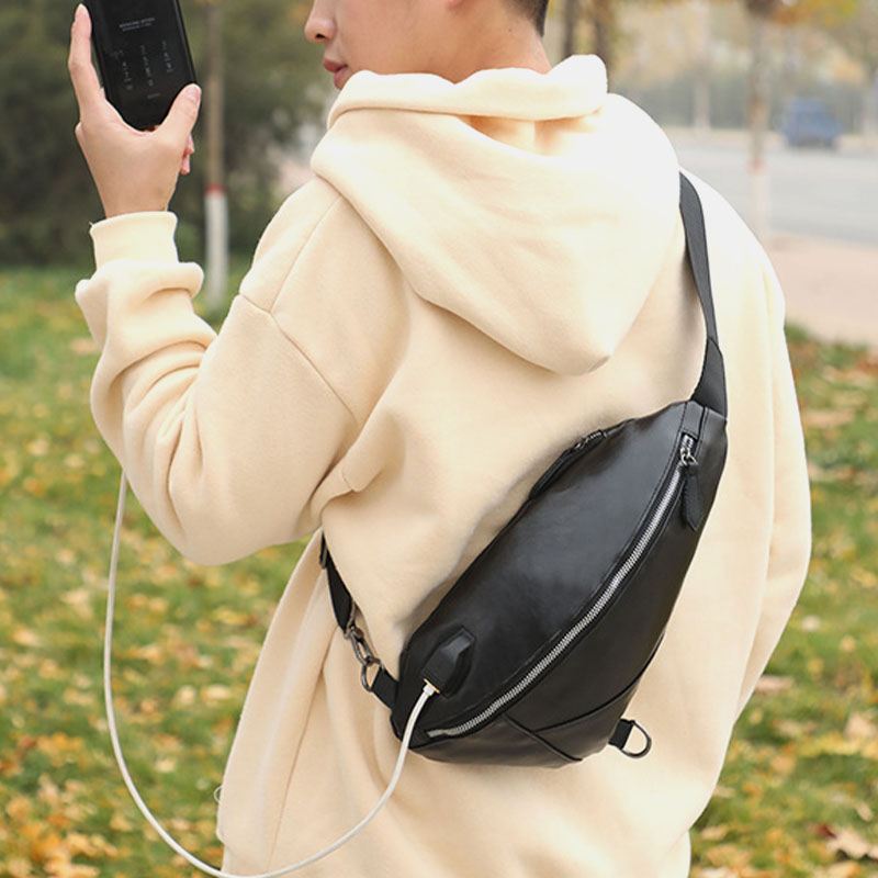 Mænd Pu-læder Usb-opladning Vandtæt Casual Crossbody-taske Brysttaske Sling Bag