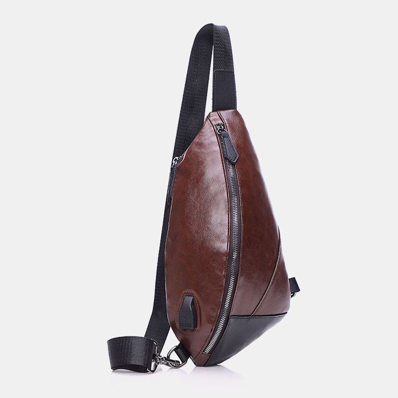 Mænd Pu-læder Usb-opladning Vandtæt Casual Crossbody-taske Brysttaske Sling Bag