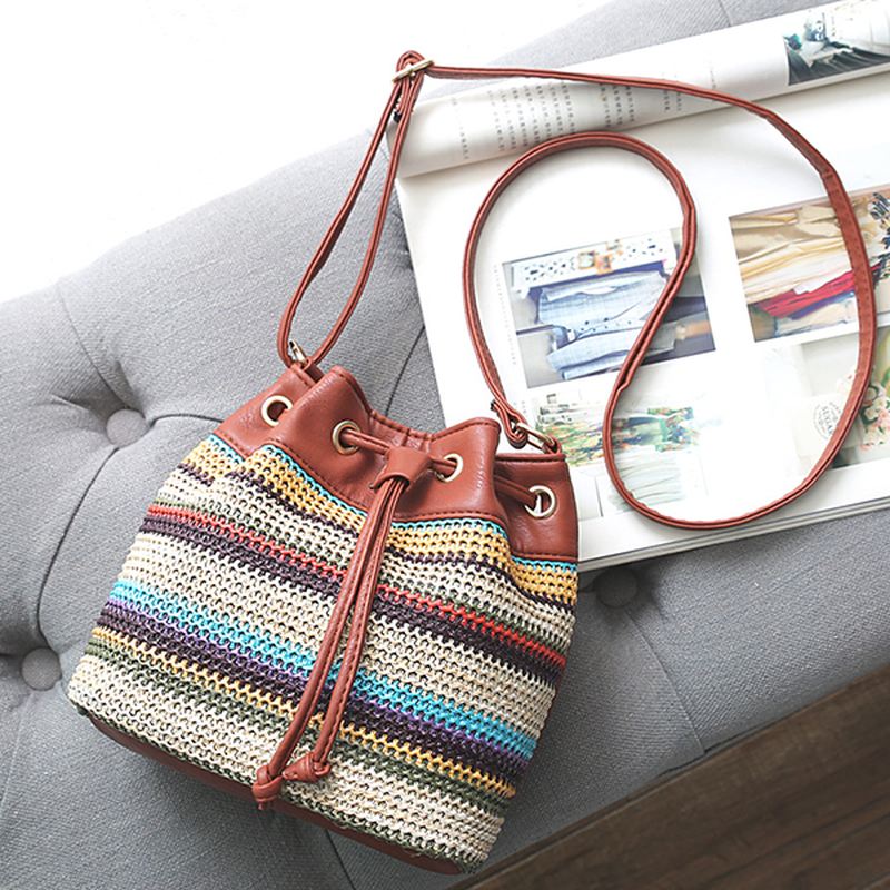 Mode Bohemian Striped Bucket Bag Messenger Skuldertaske