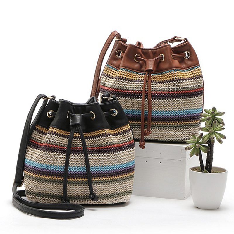 Mode Bohemian Striped Bucket Bag Messenger Skuldertaske