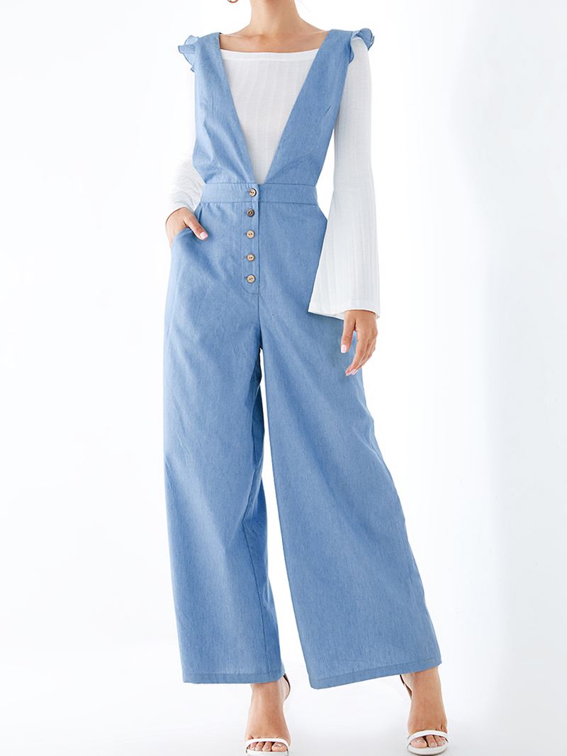 Kvinder Ensfarvet Almindelig V-hals Knaplomme Casual Tilbage Krydsende Jumpsuit