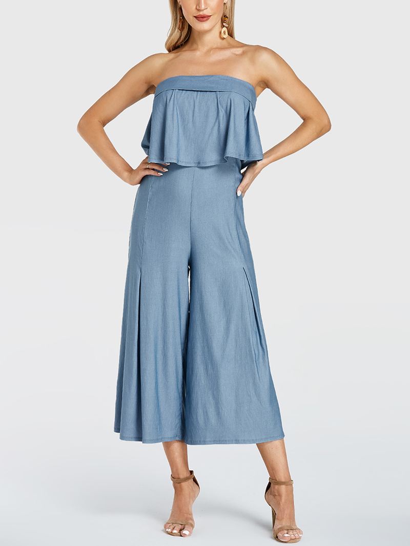 Kvinder Ensfarvet Flæse Plisseret Off Shoulder Lang Casual Jumpsuit