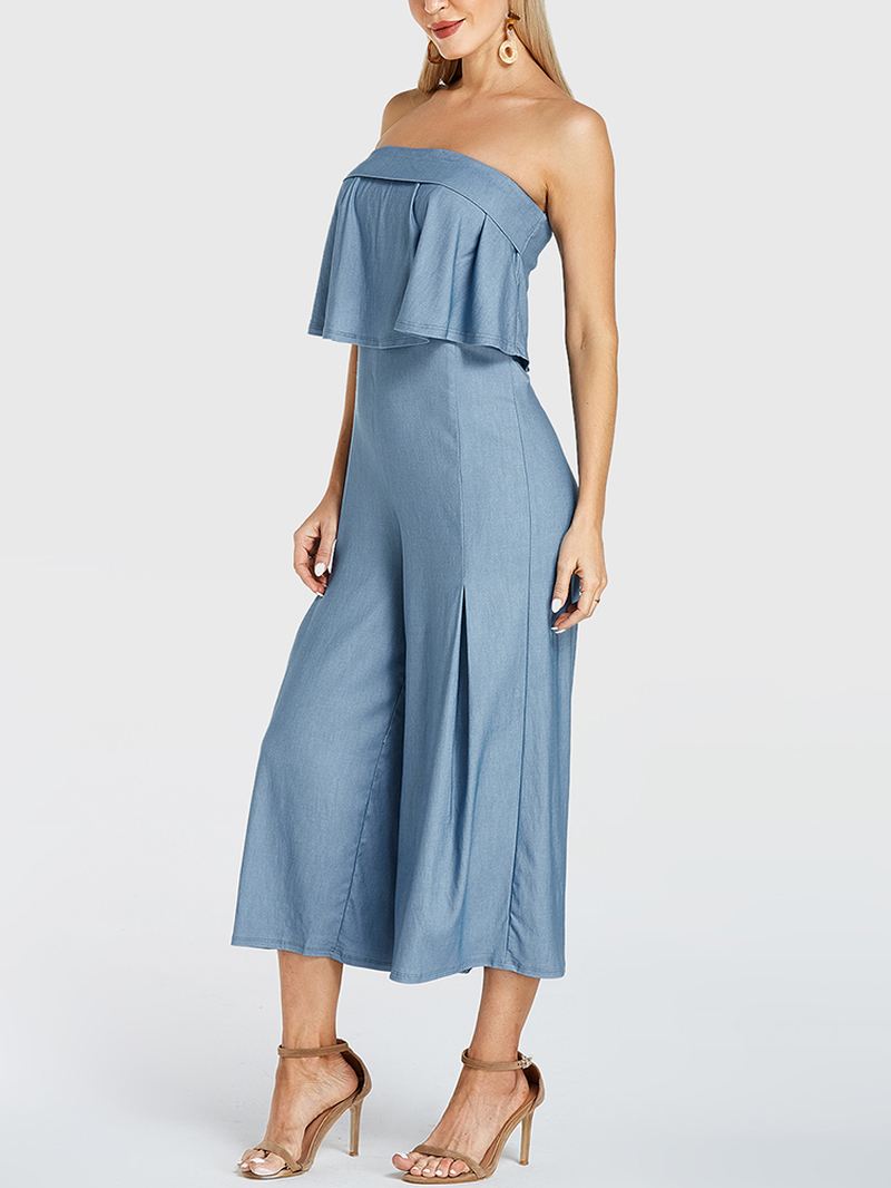 Kvinder Ensfarvet Flæse Plisseret Off Shoulder Lang Casual Jumpsuit