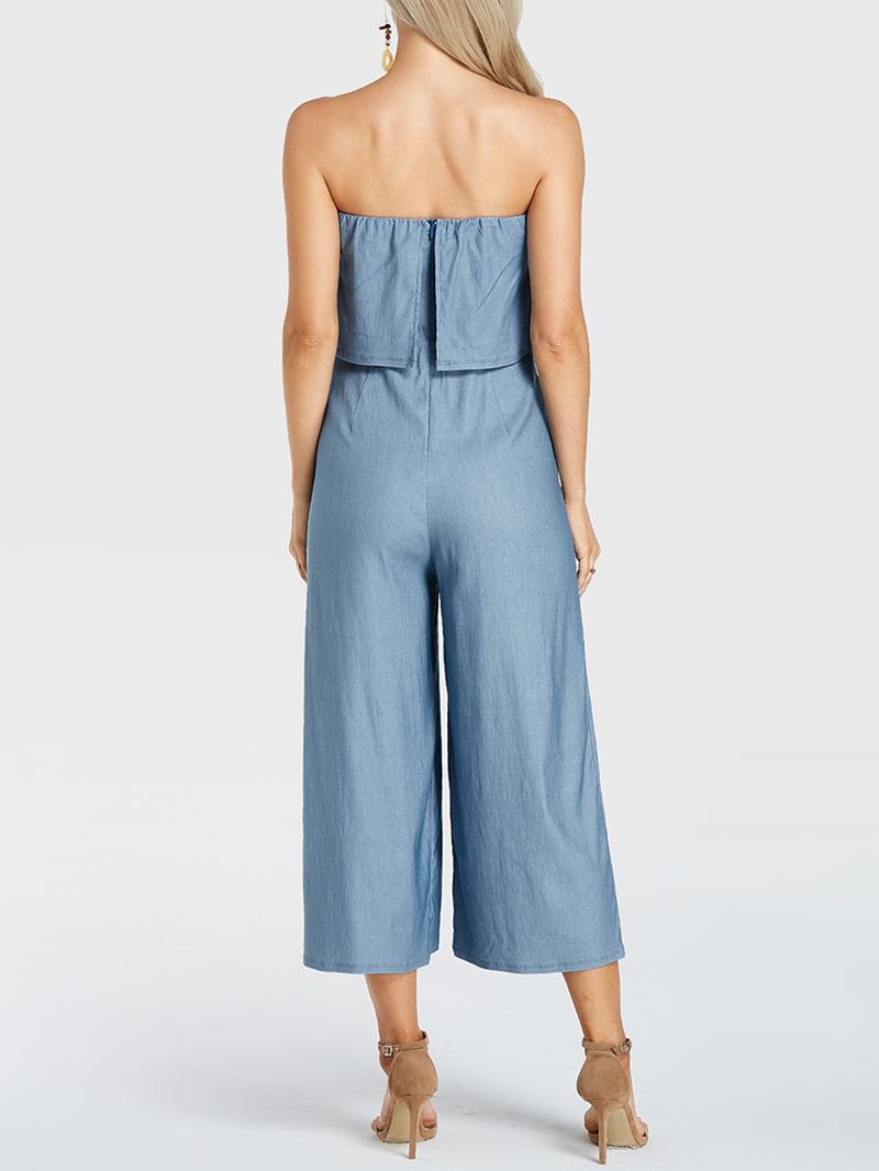 Kvinder Ensfarvet Flæse Plisseret Off Shoulder Lang Casual Jumpsuit