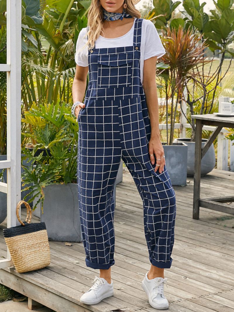 Kvinder Grid Justerbare Strappy Ærmeløse Casual Jumpsuits Med Flap Lomme