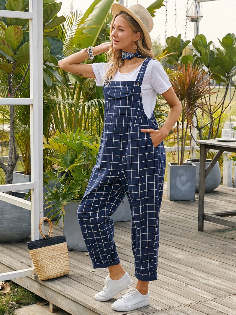 Kvinder Grid Justerbare Strappy Ærmeløse Casual Jumpsuits Med Flap Lomme