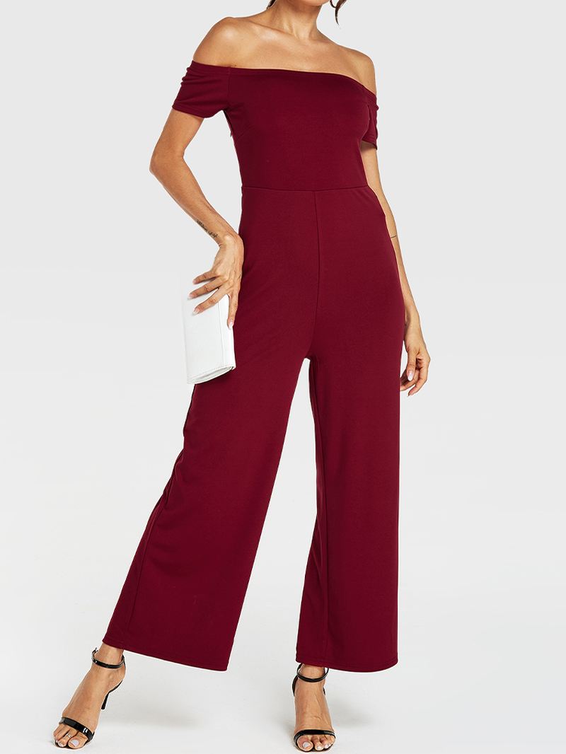 Kvinder Solid Farve Off Shoulder Slash Neck Kortærmet Stilfuld Casual Jumpsuit