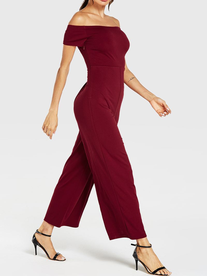 Kvinder Solid Farve Off Shoulder Slash Neck Kortærmet Stilfuld Casual Jumpsuit