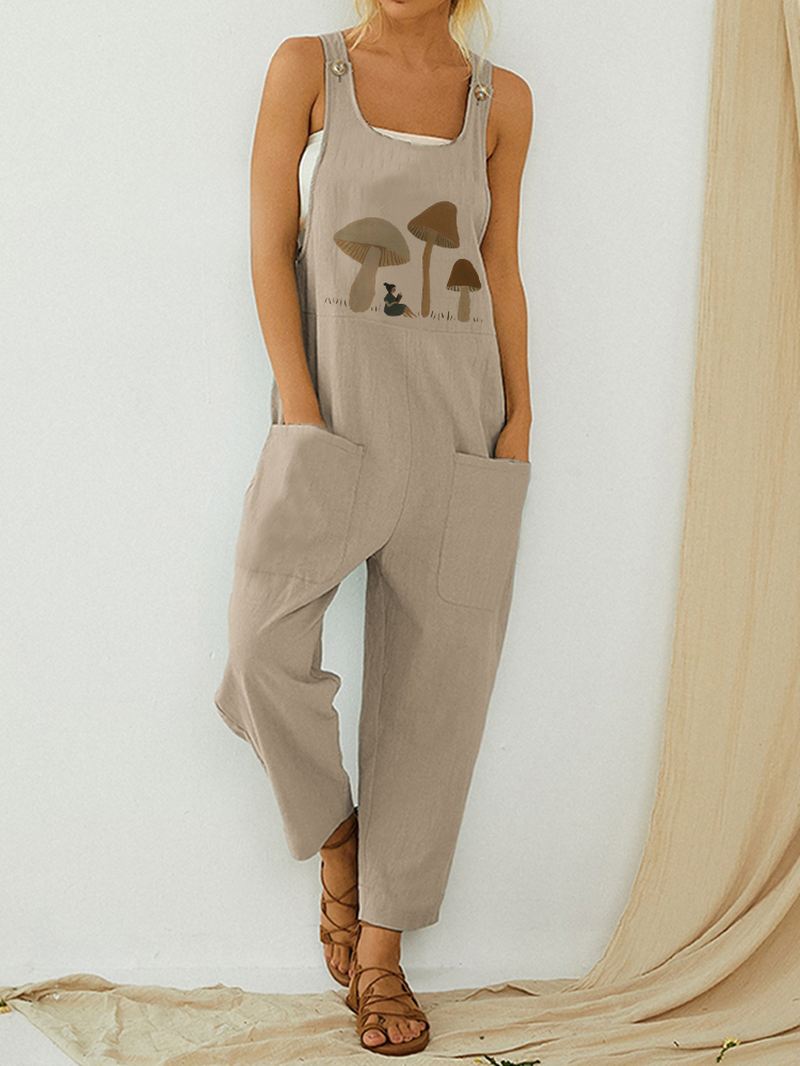 Mushroom Med Tryk Straps Ærmeløse Patchwork Lommeknap Casual Jumpsuit Til Kvinder