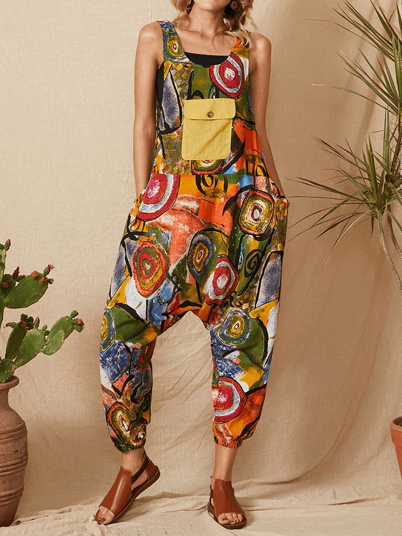 Vintage Graffiti Med Tryk Patchwork Strap Ærmeløs Pocket Jumpsuit