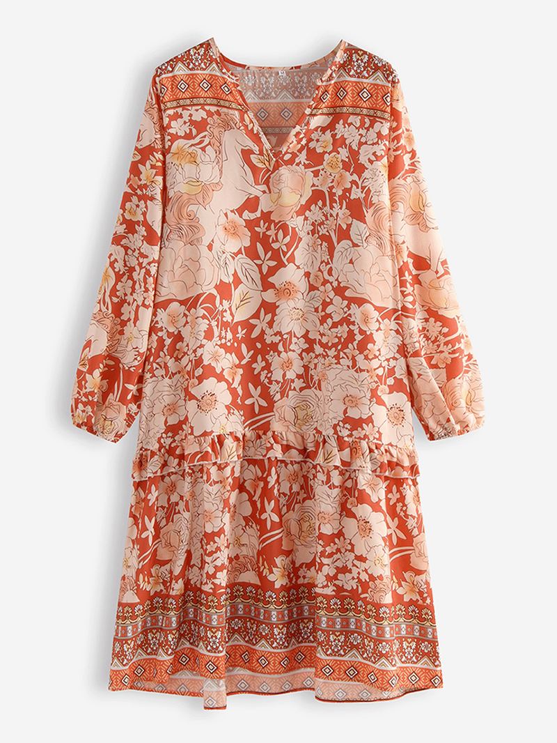 Bohemian Floral Med Tryk Patch V-hals Løs Casual Kjole