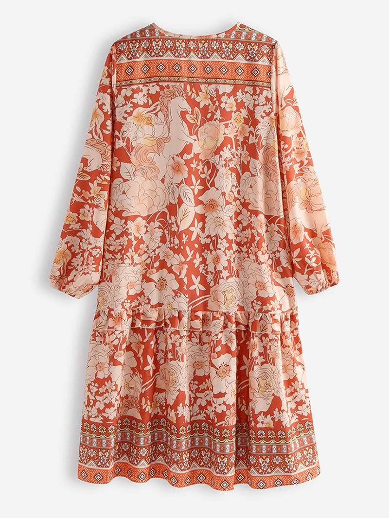 Bohemian Floral Med Tryk Patch V-hals Løs Casual Kjole