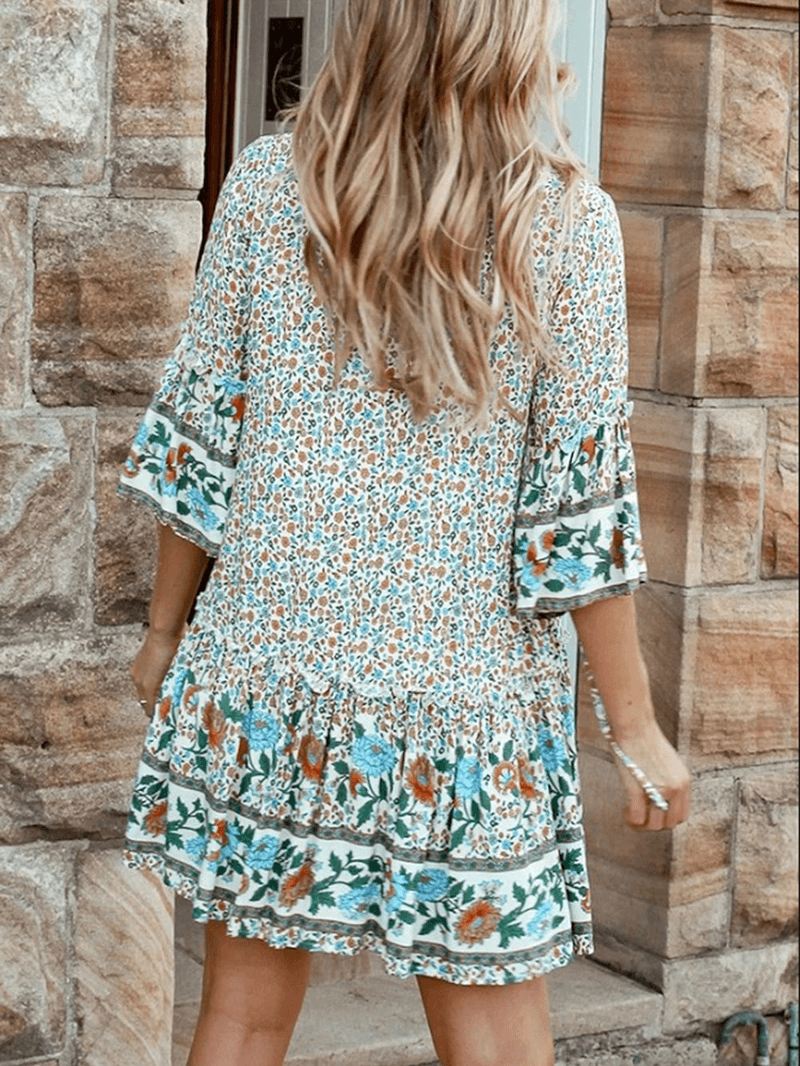 Bohemian Floral Med Tryk V-hals Summer Beach Mini Kjole