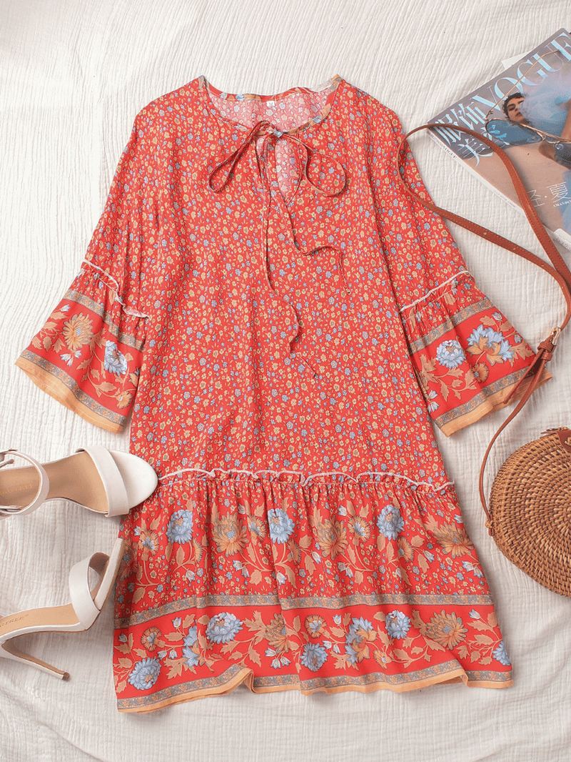 Bohemian Floral Med Tryk V-hals Summer Beach Mini Kjole