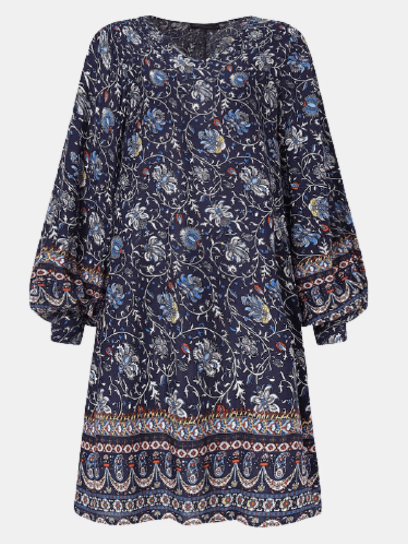 Bohemian Kvinder Blomsterprint V-hals Puf Ærmer Knap Manchetter Casual Mini Kjole