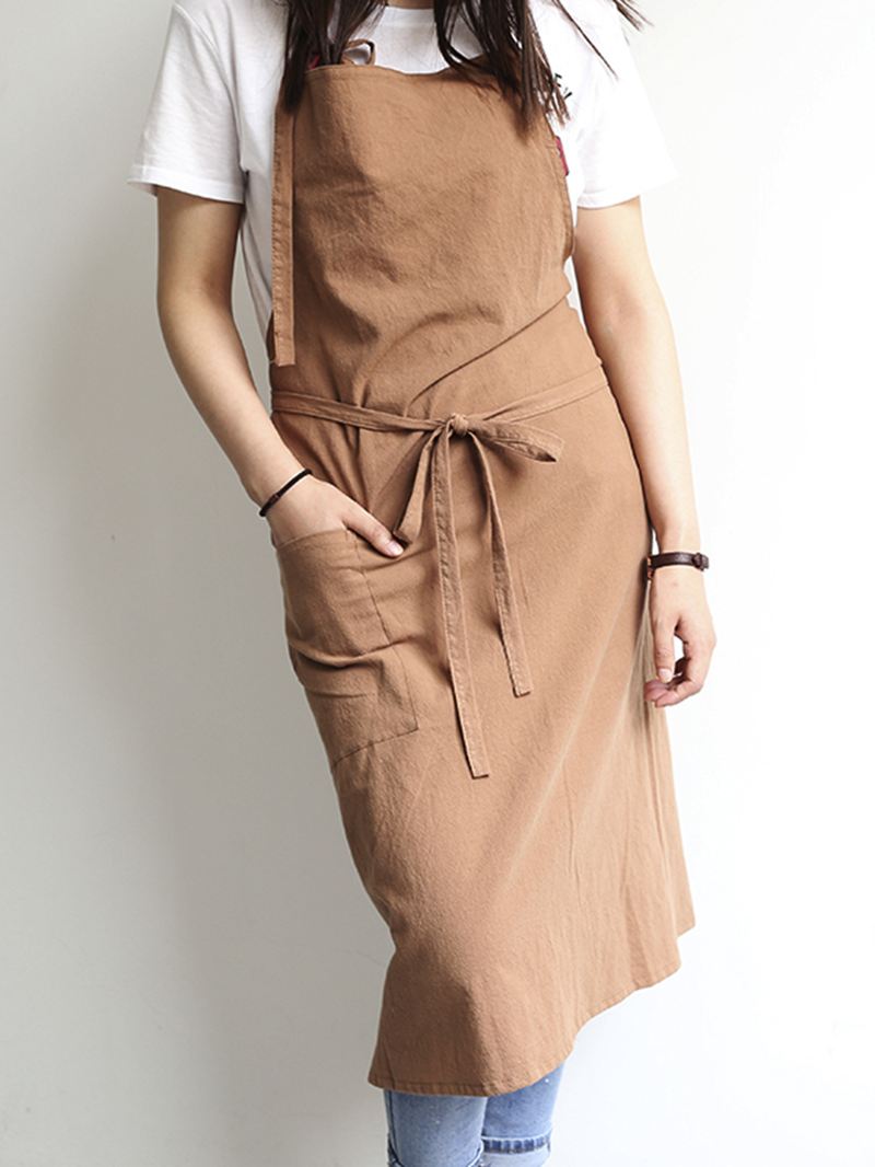 Japansk Ensfarvet Hør-bomuld Vintage Pinafore-kjole