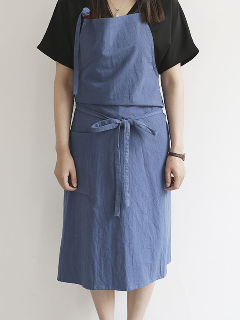 Japansk Ensfarvet Hør-bomuld Vintage Pinafore-kjole