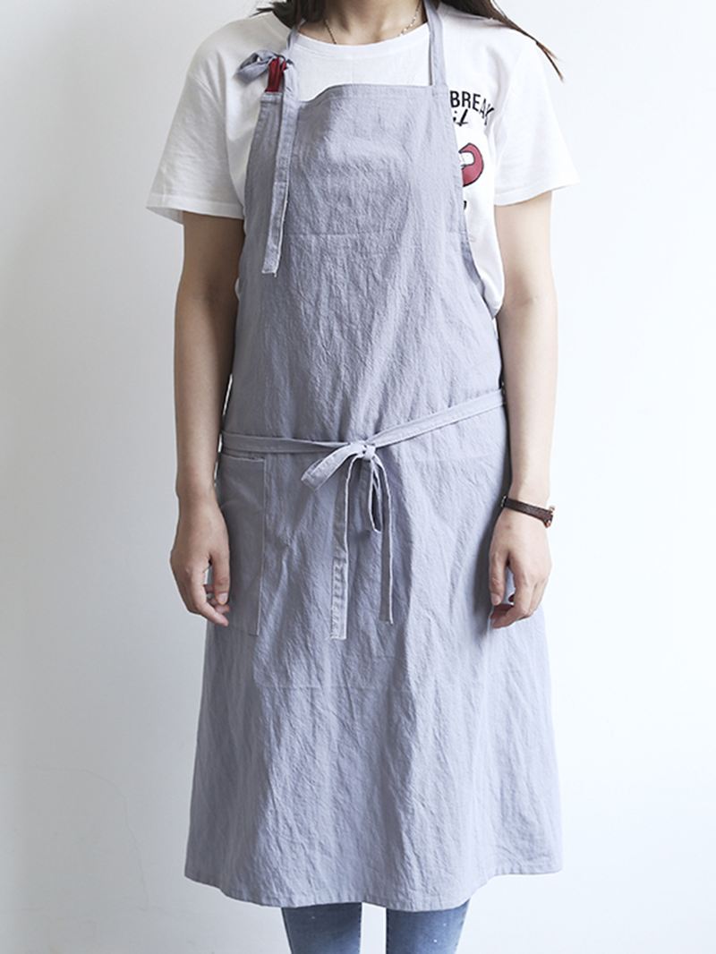 Japansk Ensfarvet Hør-bomuld Vintage Pinafore-kjole