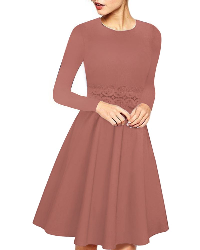 Kvinder Elegant Langærmet Lace Patchwork Midi A Line Kjole