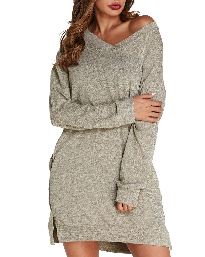 Kvinder Langærmet Side Split Loose Casual Pullover Sweatshirt Kjole Med Lommer