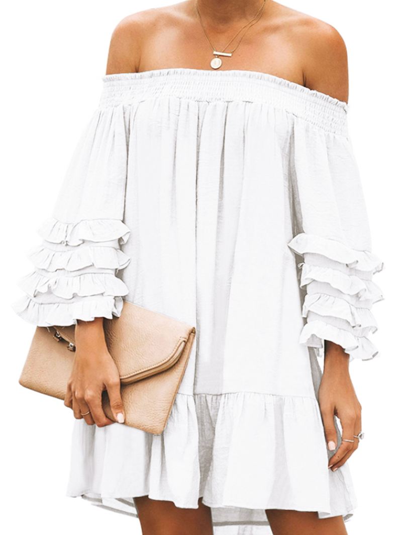 Off Shoulder Pleats Solide Afslappede Minikjoler Til Kvinder