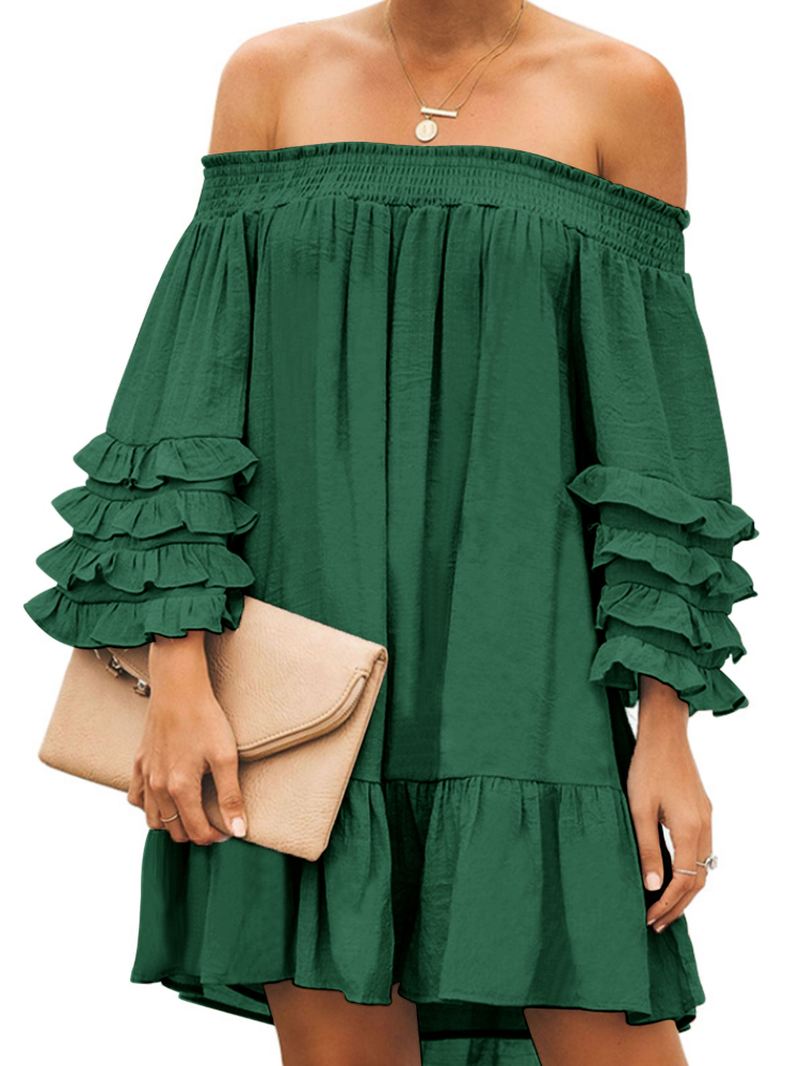 Off Shoulder Pleats Solide Afslappede Minikjoler Til Kvinder