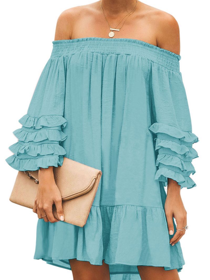 Off Shoulder Pleats Solide Afslappede Minikjoler Til Kvinder