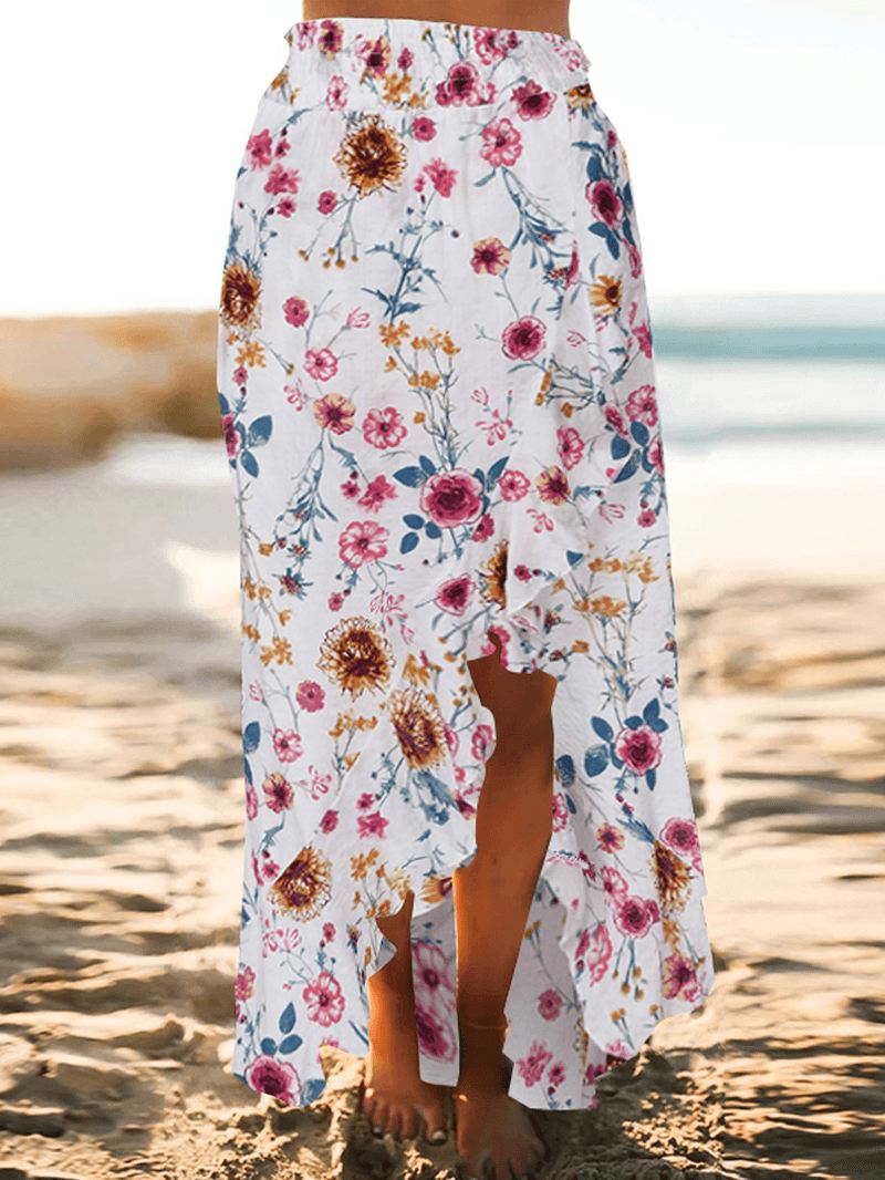 Bohemian Beach Blomsterprint Elastisk Talje Flæsekant Maxi-nederdele