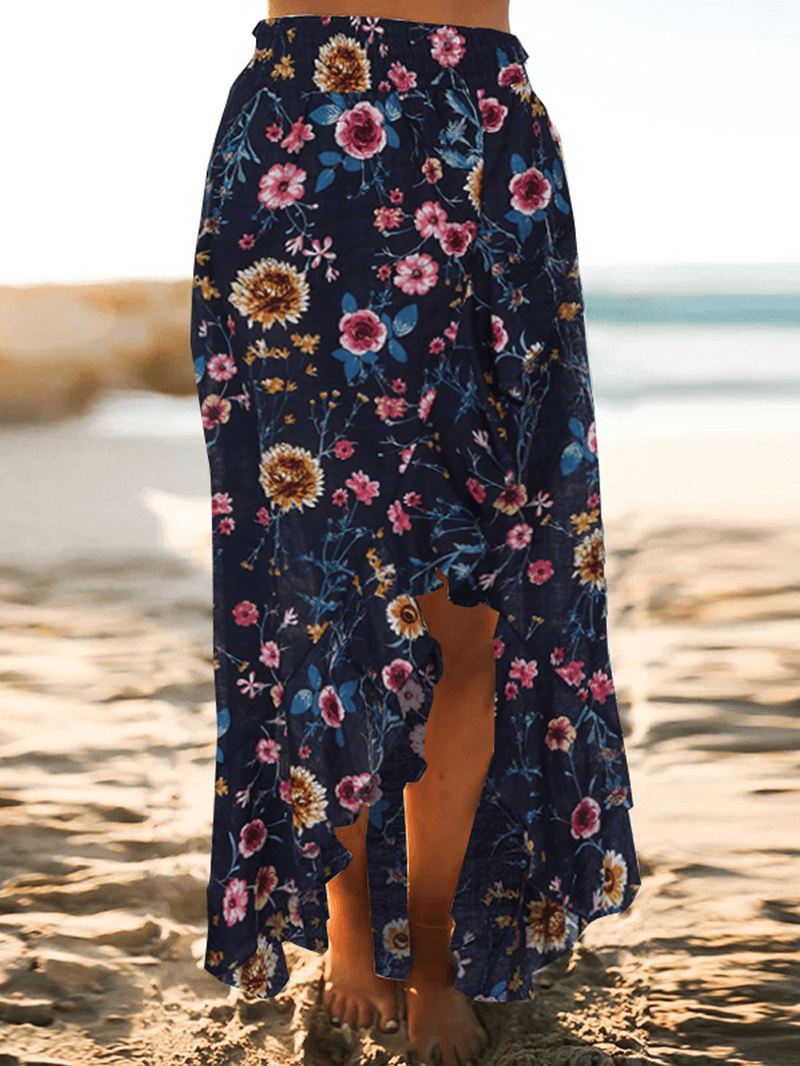 Bohemian Beach Blomsterprint Elastisk Talje Flæsekant Maxi-nederdele