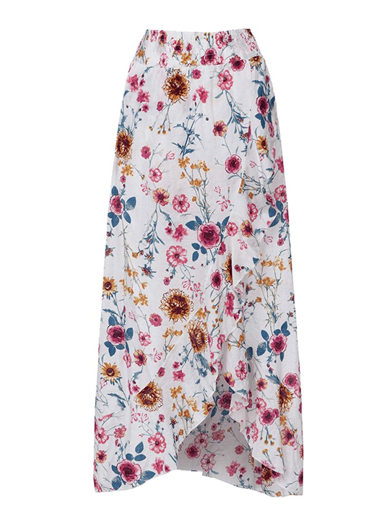 Bohemian Beach Blomsterprint Elastisk Talje Flæsekant Maxi-nederdele