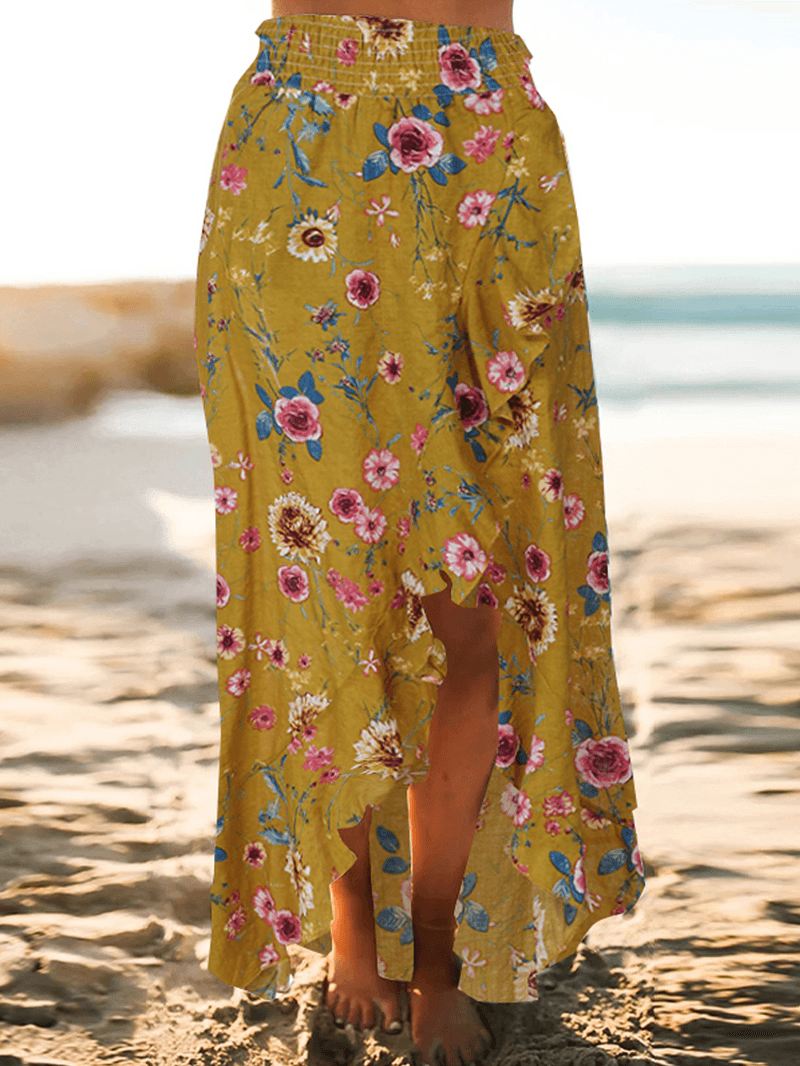 Bohemian Beach Blomsterprint Elastisk Talje Flæsekant Maxi-nederdele