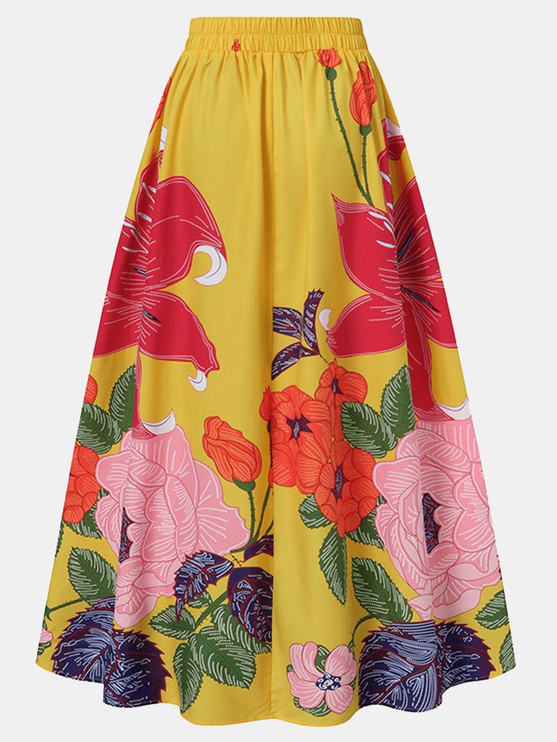 Kvinder Blomsterprint Casual Elastisk Højtaljet Holiday Maxi-nederdele Med Lomme