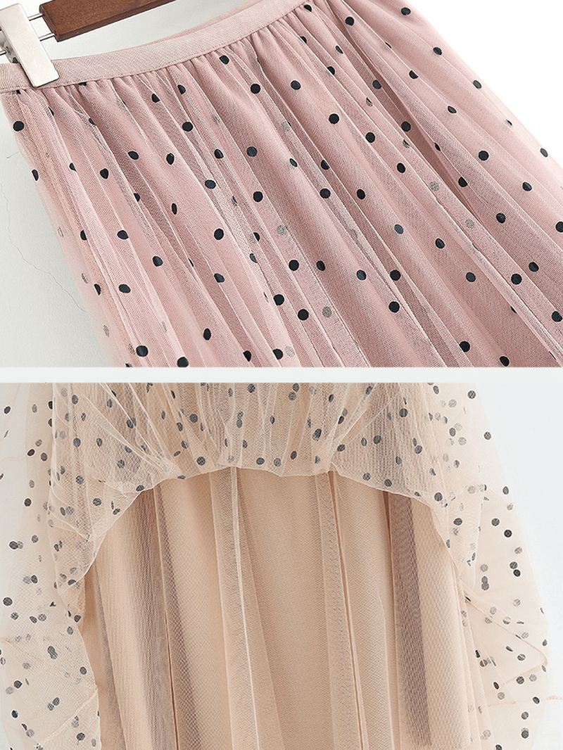 Kvinder Polka Dot Med Tryk Gaze Elastisk Talje Midi Mesh Plisseret Nederdel