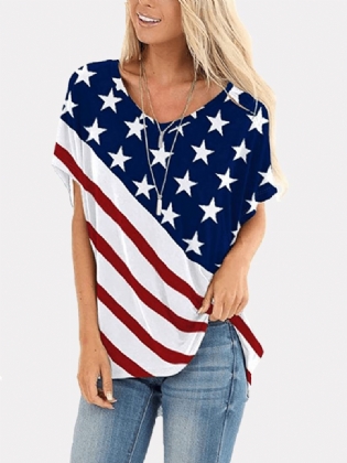 Amerikansk Flag Stjernetryk Independence Day Rundhals Kvinder Casual T-shirts Til Kvinder