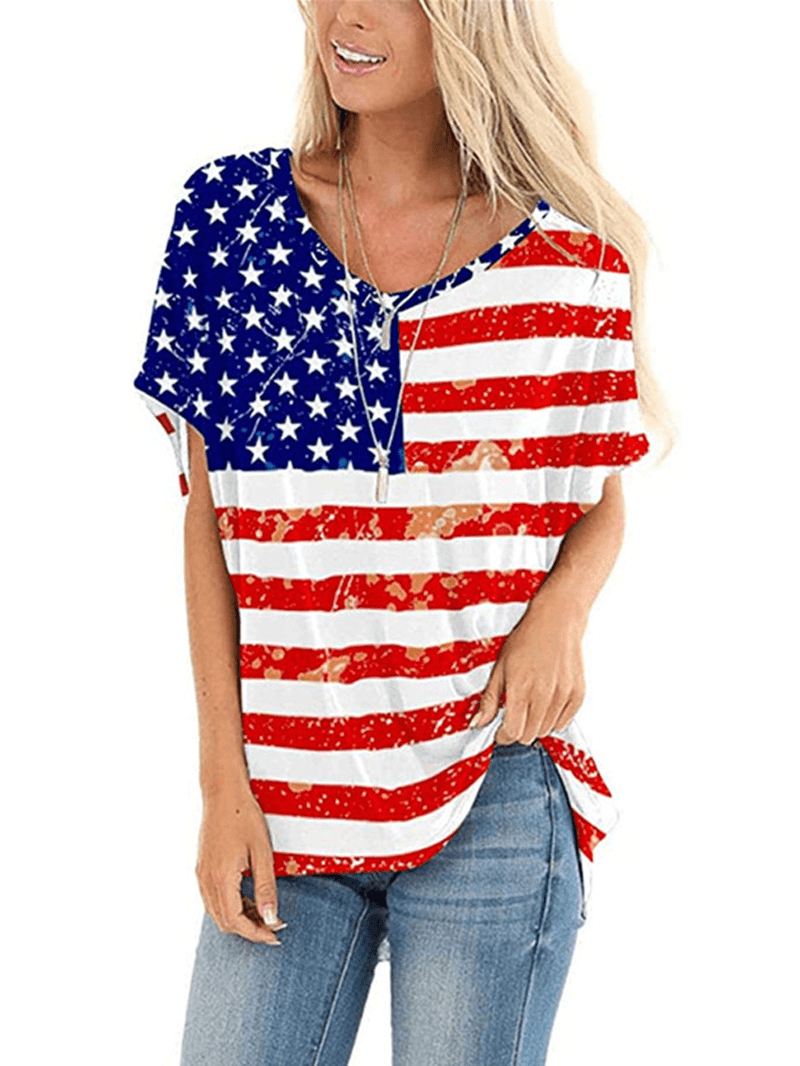 Amerikansk Flag Stjernetryk Independence Day Rundhals Kvinder Casual T-shirts Til Kvinder