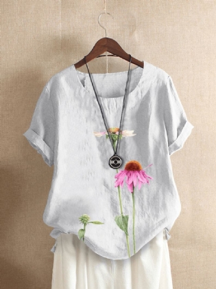 Blomstertryk O-hals Kortærmet Afslappet T-shirt Til Kvinder