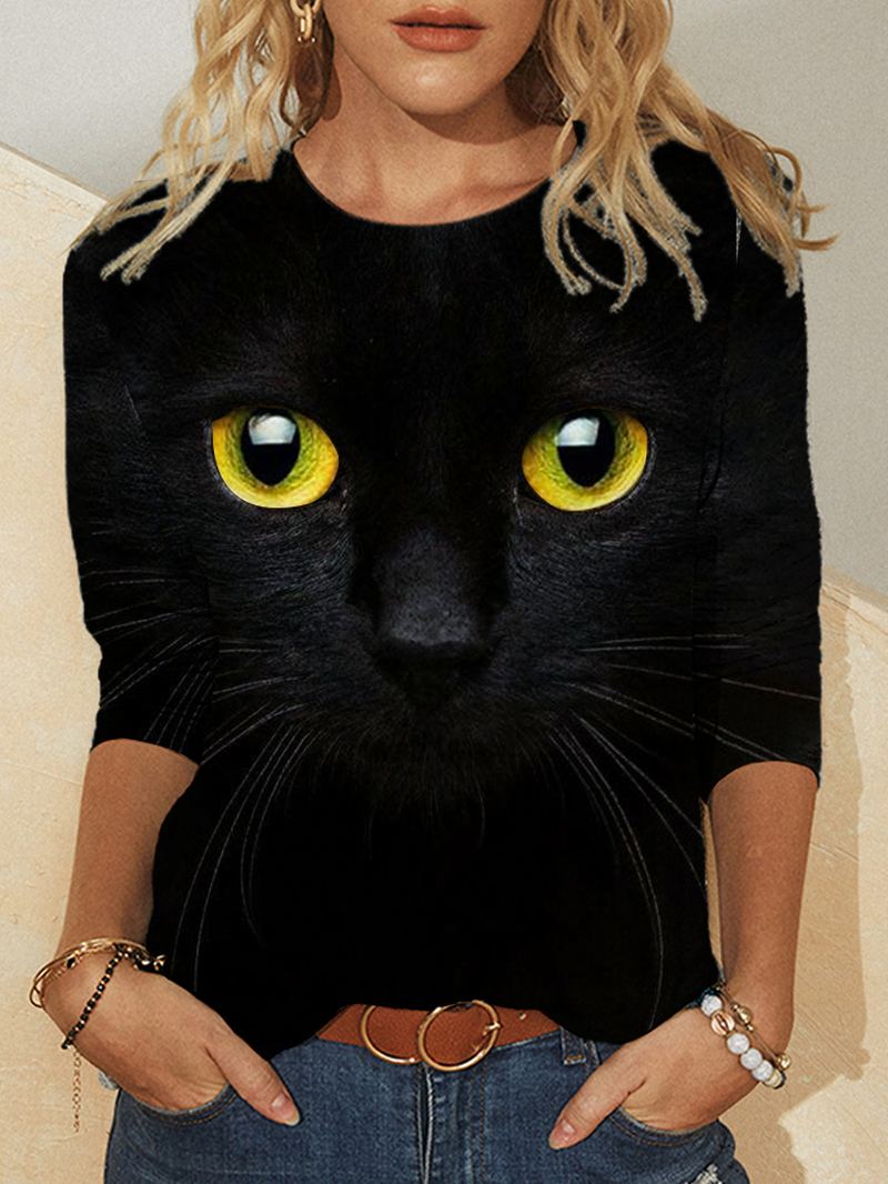 Dame 3d Kat Med Tryk Langærmede Design T-shirts