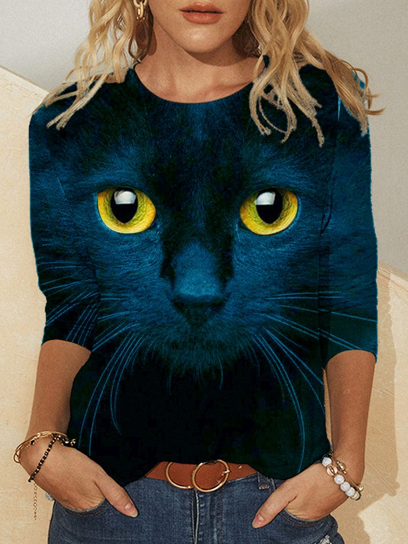 Dame 3d Kat Med Tryk Langærmede Design T-shirts