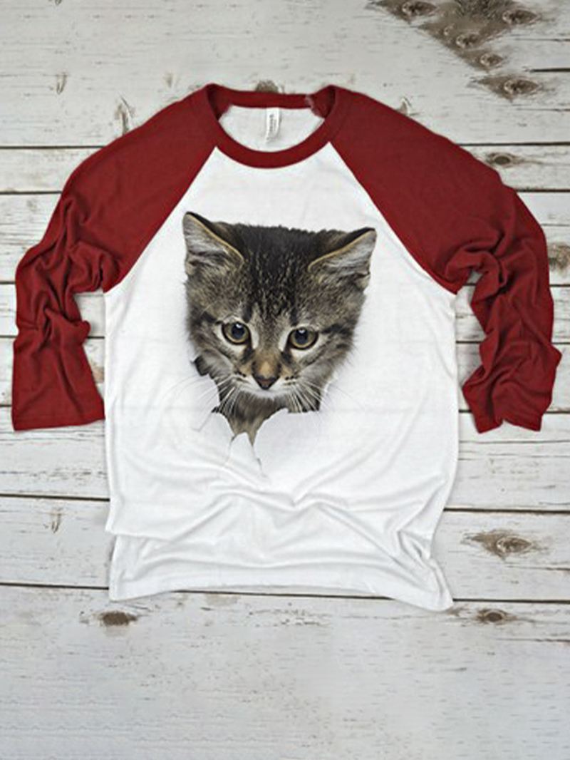 Kvinder 3d Cute Kat Med Tryk Raglan Ærmer Regular Fit Rund Hals Afslappet T-shirt