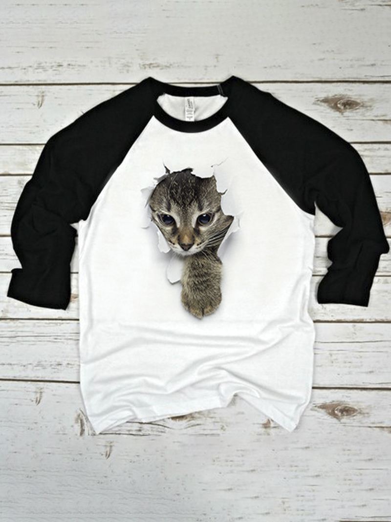 Kvinder 3d Kat Chest Med Tryk Patchwork Raglan Sleeve Rund Hals Kausal T-shirt