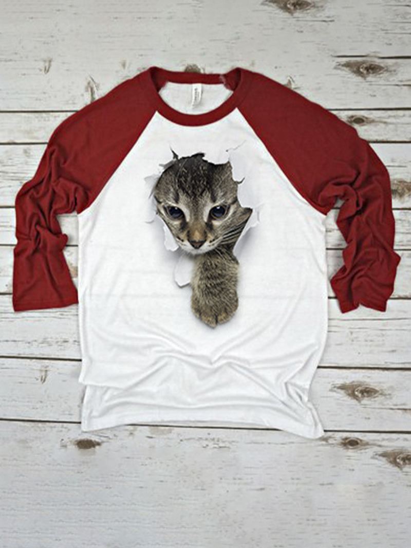 Kvinder 3d Kat Chest Med Tryk Patchwork Raglan Sleeve Rund Hals Kausal T-shirt