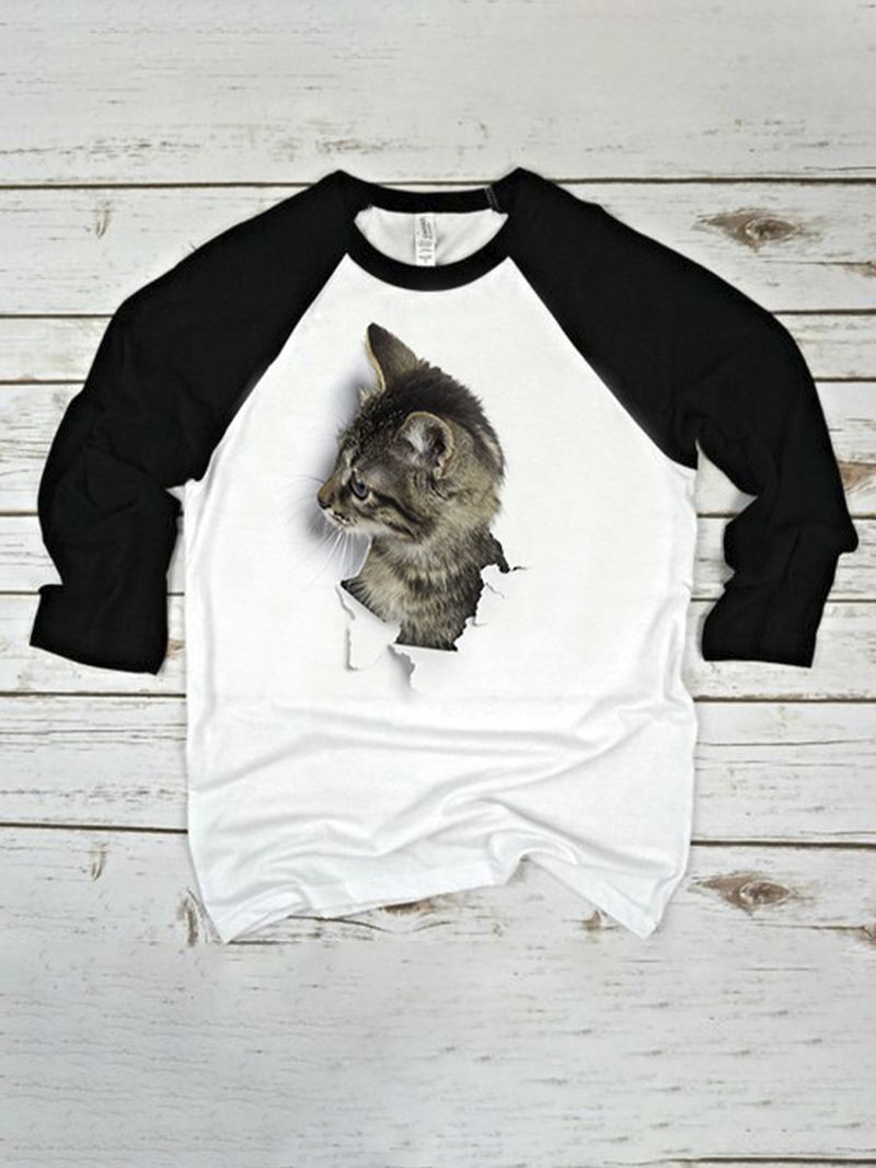 Kvinder 3d Kat Patchwork Raglan Ærme Rund Hals Afslappet T-shirt