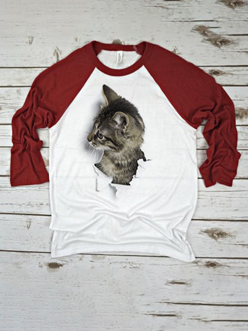 Kvinder 3d Kat Patchwork Raglan Ærme Rund Hals Afslappet T-shirt