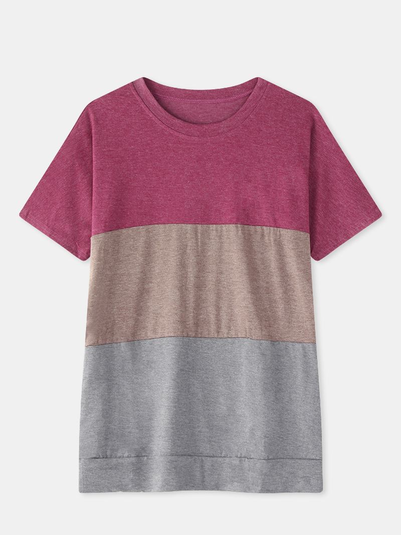 Kvinder Colorblock Patchwork Kortærmede T-shirts Med Rund Hals