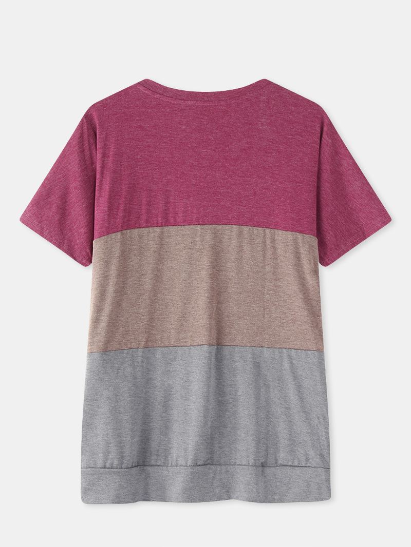 Kvinder Colorblock Patchwork Kortærmede T-shirts Med Rund Hals